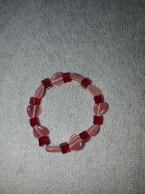 Pink Heart and Red Beaded Stretch Bracelet - Handmade Jewelry